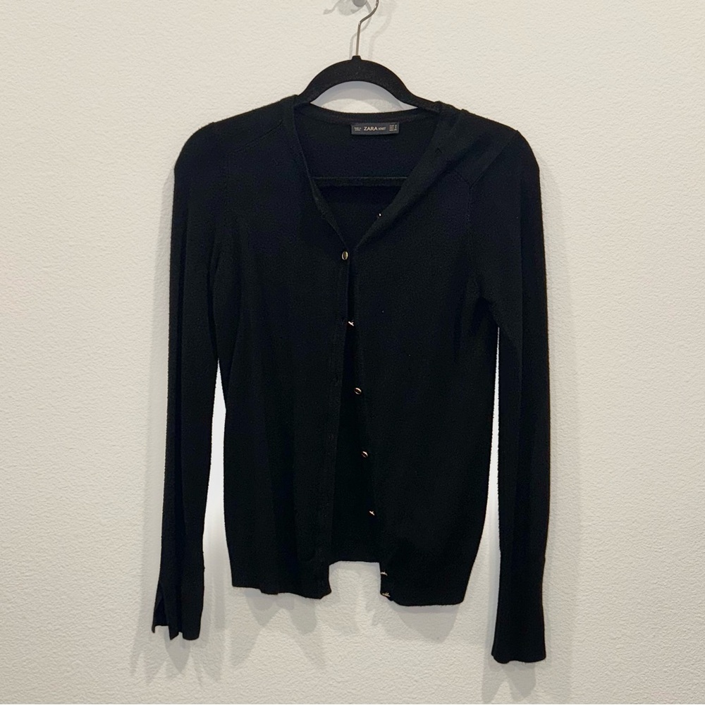 Black Zara Knit Cardigan Gold Button Split Sleeve Detailing